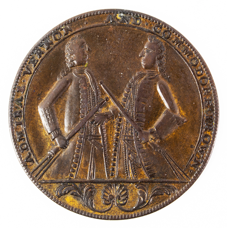 1739 Admiral Vernon, Portobello Medal w/ Multiple Portraits
Struck in the 1740s by Edward Pinchbeck, Choice Very Fine, Rarity-6, 37mm. 
Admiral Vernon took Porto Bello with 6 ships, 22 November 1739, side 1